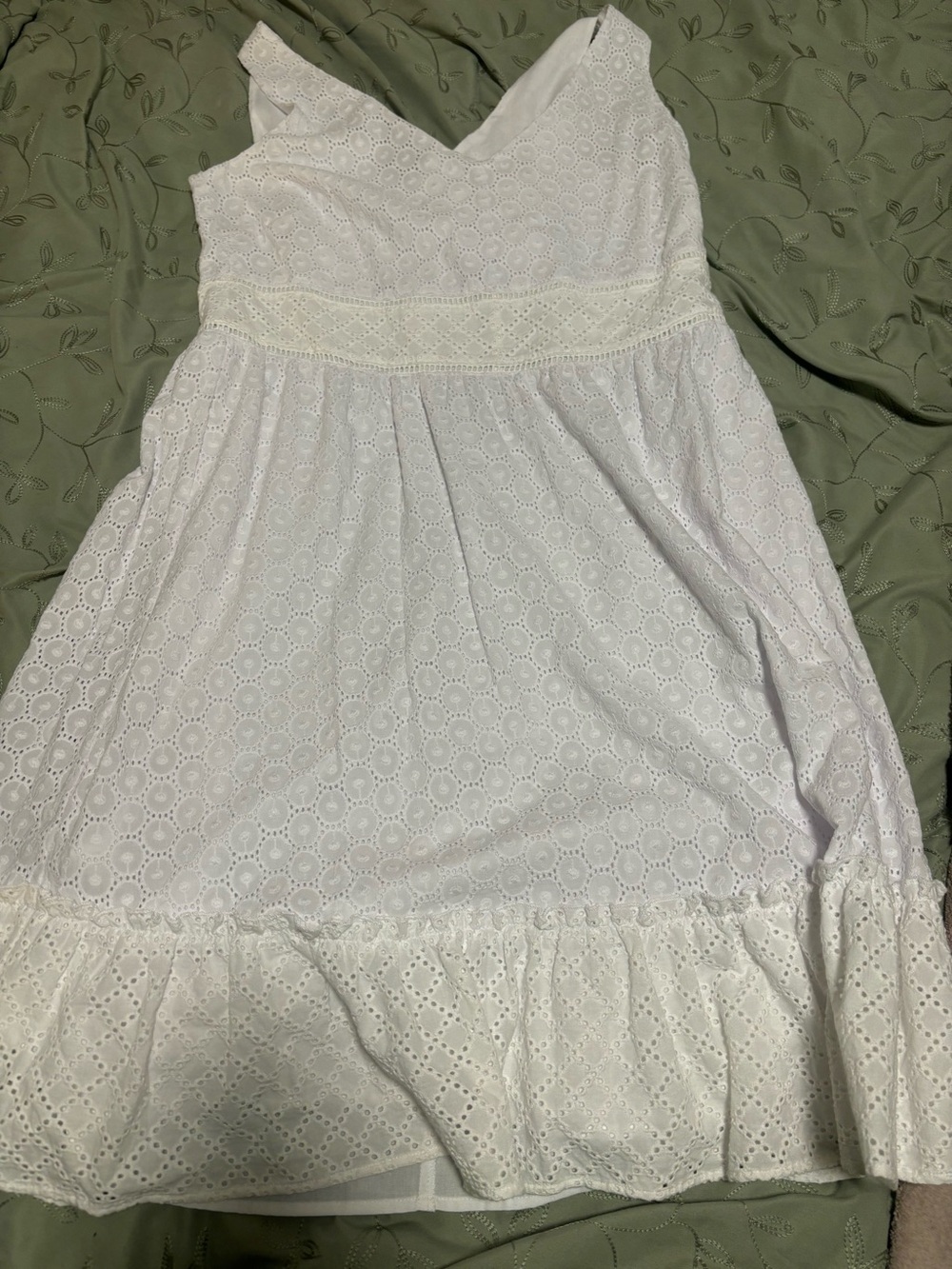 White Eyelet V-Neck Midi Dress with Lace Waist